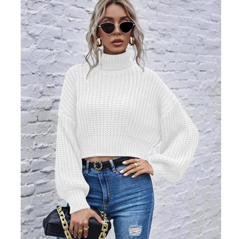 Turtleneck Knit Sweaters Casual Lantern Long Sleeve Pullover Cropped White